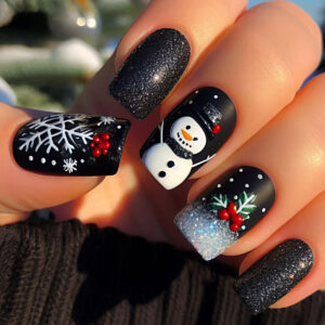 2025 Christmas Tree Nails - Snowflake Snowman Short Square, 24pc