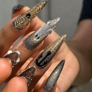 Long Stiletto Gold Glitter Chain Press-On Nails 24 Piece Set JT-01-286