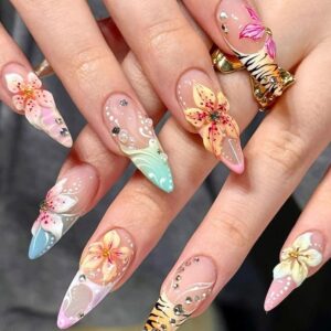 Iridescent 3D Floral Almond Press-On Nails 24 Piece Set JT-01-43