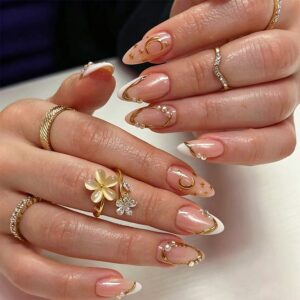 Nude Pink Almond Press-On Nails with Gold Lines Pearls and Stars 30 Piece Set JT-01-402