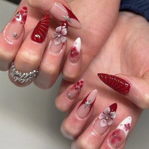 Deep Red Glitter Almond Press-On Nails with 3D Flowers K248
