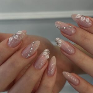 Pink and White Almond Press-On Nails with 3D Flowers and Rhinestones 30 Piece Set JT-10-79