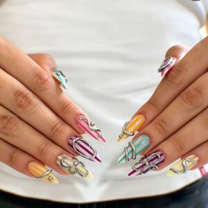 White Base Multicolour 3D Flower Almond Press-On Nails 30 Piece Set JT-01-415