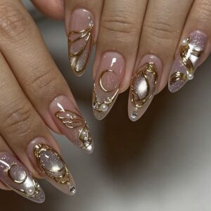 Nude Pink Short Almond Press-On Nails with Gold Lines Pearls and Cat-Eye Stones 30 Piece Set JT-01-14