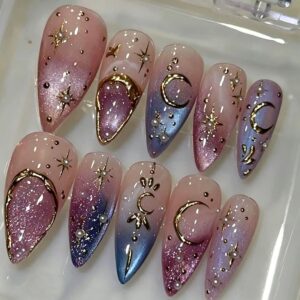 Iridescent Cat-Eye Short Almond Press-On Nails with Gold Lines 30 Piece Set JT-01-322