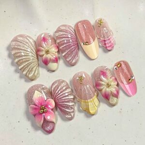 Pastel Gradient Short Almond Press-On Nails with 3D Shells Starfish and Flowers 30 Piece Set JT-01-09