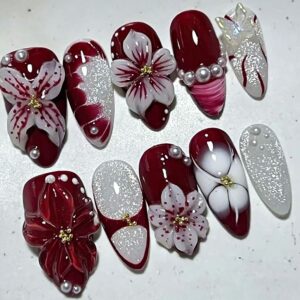 Burgundy Glitter Short Almond Press-On Nails with 3D Red Flowers and Pearls 30 Piece Set JT-01-08