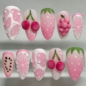 Pink 3D Fruit Medium Almond Press-On Nails 30 Piece Set JT-01-141