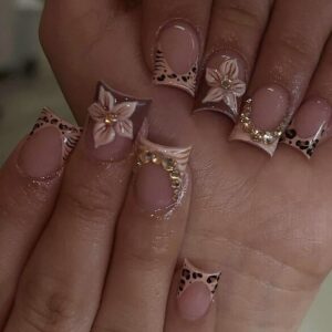 3D Carved Leopard Press-On Nails - Sweet-Cool French Almond Tips, 24pc
