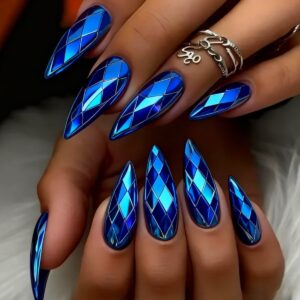 3D Diamond Chrome Nails - Blue Metallic Almond Set, 24pc