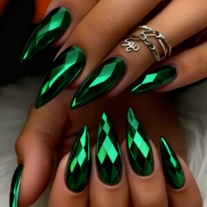3D Diamond Chrome Nails - Green Metallic Almond Set, 24pc