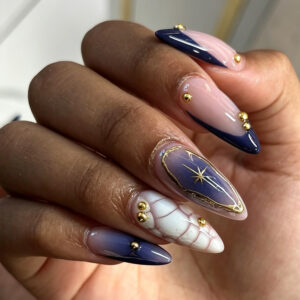 Navy Blue Gold Star Almond Press-On Nails 24 Piece Set 11-02