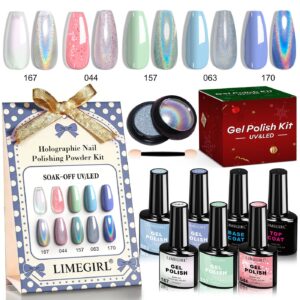 5-Color Holographic Complete Nail Kit - Base Coat, Gel Polish, Glitter