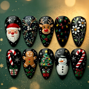Christmas Ten-Design Mixed Press-On Nails on Black with Gold Y1016