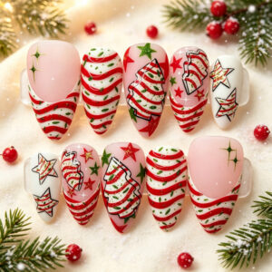 Christmas Candy Cane Stripe and Tree Press-On Nails in Red, White and Green Y1018