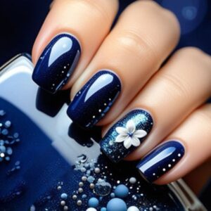 Short Square Press-On Nails — Navy Blue with 3D White Flowers and Rhinestones Y385