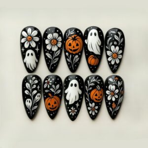 Black Almond Halloween Press-On Nails with Cute Ghosts and Daisy Art Y902