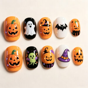 Halloween Cartoon Square Press-On Nails with Pumpkins and Ghosts Y903