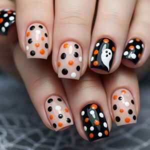 Halloween Ghost Polka Dot Press-On Nails in Black, White and Orange Y906