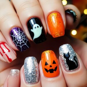 Halloween Mix Press-On Nails with Ghosts, Spiderwebs, Pumpkins and Black Cat Y911