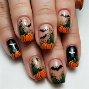 Halloween Pumpkin and Black Bat Press-On Nails on Nude and Black Y921