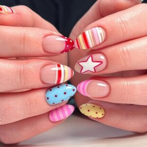 Short Almond Press-On Nails — Macaron Color-Block Stripes, Stars and Polka Dots Y936