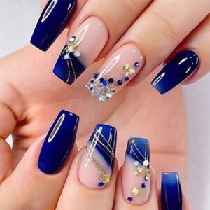 Medium Square Press-On Nails — Navy and Nude French Tips with Rhinestones Z108