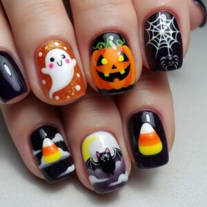 Short Square Halloween Press-On Nails with Ghosts and Spider Webs Z569
