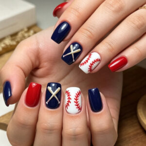Baseball Nails - Red Blue Sporty Sweet-Cool Set, 24pc