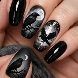 Black Crow Halloween Nails - Moon Night Press-Ons, 24pc