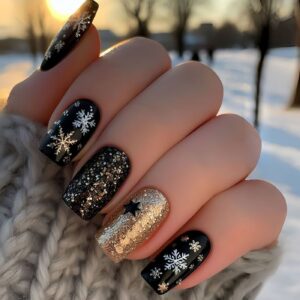 Black Gold Glitter Nails - Halloween Christmas Set, 24pc