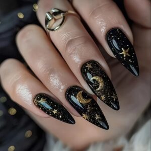 Black Gold Star Nails - Almond Glitter Press-On Set, 24pc