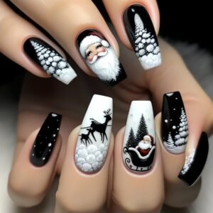 Black Santa Christmas Nails - Snowflake Reindeer Set, 24pc