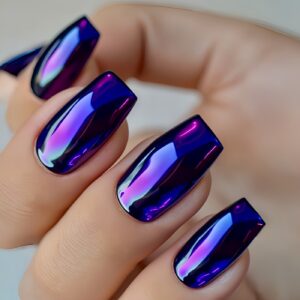 Blue Chrome Nails - Iridescent Mid-Square Set, 24pc