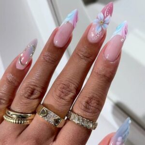 Blue Pink Floral Gold Nails - 3D Hand-Dotted Almond Set, 30pc