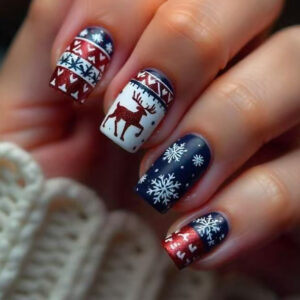 Blue Snowflake Gradient Nails - Red Reindeer Short Square, 24pc