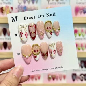 Bow Red-Lip Charm Nails - Gold Bead Cute Almond Set, 30pc