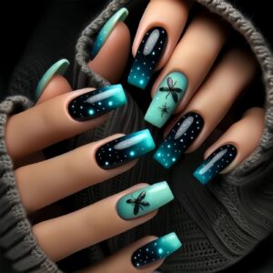 Butterfly Gradient Nails - Dark Green Long Press-Ons, 24pc