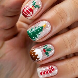 Cartoon Christmas Tree Nails - Cute Snowflake Press-Ons, 24pc