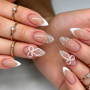 Cat Eye Nude French Press-On Nails - 3D Bow Almond Tips, 24pc