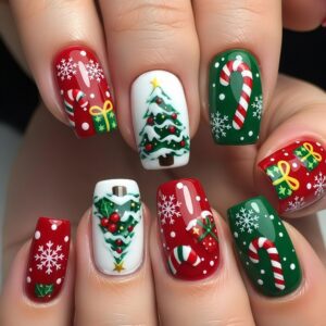 Christmas Candy Cane Nails - Snowflake Tree Press-On Set, 24pc