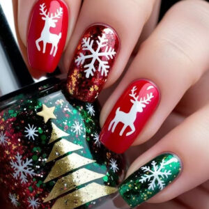 Christmas Flower Sticker Nails - Reindeer Snowman Adhesive Set, 24pc