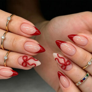 Christmas Red French Press-On Nails - 3D Bow Almond Tips, 24pc
