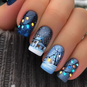 Christmas Snow House Nails - White Snowflake Tree Press-Ons, 24pc