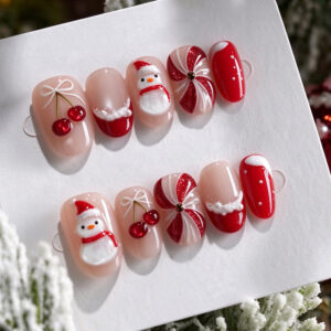 Christmas Snowman Cherry Nails - Cat Eye Oval 3D Set, 30pc