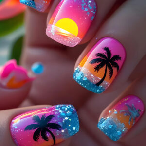 Coconut Tree Sunset Nails - Summer Mid-Square Press-Ons, 24pc