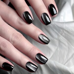Crystal Cat Eye Nails - Black Pearl Press-On Set, 24pc