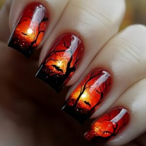 Dark Red Forest Nails - Halloween Mid-Square Set, 24pc