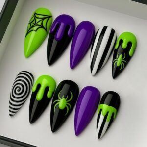 Fluorescent Spider Nails - Halloween Stripe Handmade Set, 30pc
