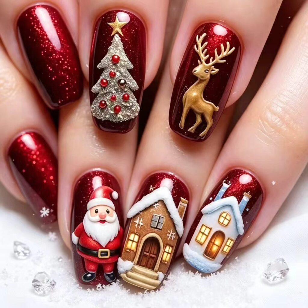 Gold reindeer Christmas press-on nails in a Santa white almond design